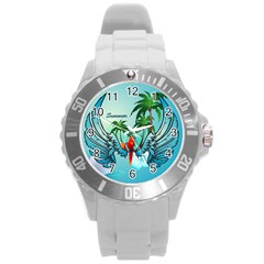 Summer Design With Cute Parrot And Palms Round Plastic Sport Watch (l)