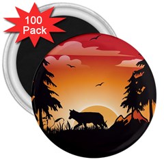 The Lonely Wolf In The Sunset 3  Magnets (100 Pack)