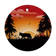 The Lonely Wolf In The Sunset Round Ornament (two Sides) 