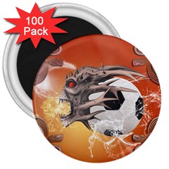 Soccer With Skull And Fire And Water Splash 3  Magnets (100 Pack) by FantasyWorld7