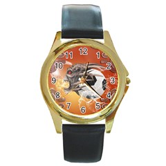 Soccer With Skull And Fire And Water Splash Round Gold Metal Watches by FantasyWorld7