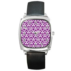 Purple Pretzel Illustrations Pattern Square Metal Watches by GardenOfOphir