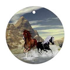 Beautiful Horses Running In A River Ornament (round)  by FantasyWorld7