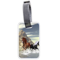 Beautiful Horses Running In A River Luggage Tags (one Side)  by FantasyWorld7