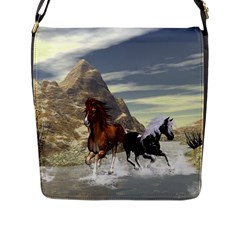 Beautiful Horses Running In A River Flap Messenger Bag (l)  by FantasyWorld7