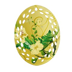 Wonderful Soft Yellow Flowers With Leaves Oval Filigree Ornament (2-side) 