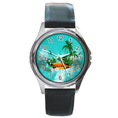 Surfboard With Palm And Flowers Round Metal Watches by FantasyWorld7