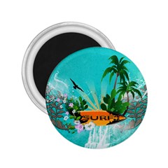 Surfboard With Palm And Flowers 2.25  Magnets