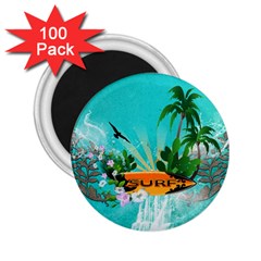 Surfboard With Palm And Flowers 2.25  Magnets (100 pack) 