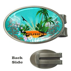 Surfboard With Palm And Flowers Money Clips (oval)  by FantasyWorld7