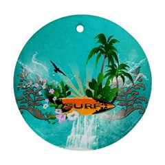 Surfboard With Palm And Flowers Round Ornament (Two Sides) 