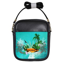 Surfboard With Palm And Flowers Girls Sling Bags