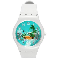 Surfboard With Palm And Flowers Round Plastic Sport Watch (m) by FantasyWorld7