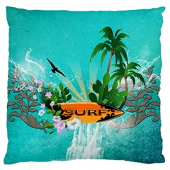 Surfboard With Palm And Flowers Large Cushion Cases (one Side)  by FantasyWorld7