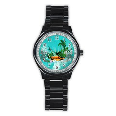 Surfboard With Palm And Flowers Stainless Steel Round Watches by FantasyWorld7