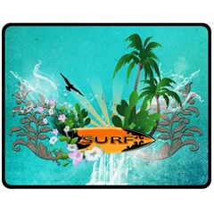 Surfboard With Palm And Flowers Double Sided Fleece Blanket (Medium) 