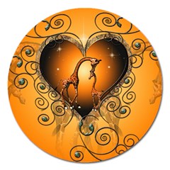 Funny Cute Giraffe With Your Child In A Heart Magnet 5  (round) by FantasyWorld7