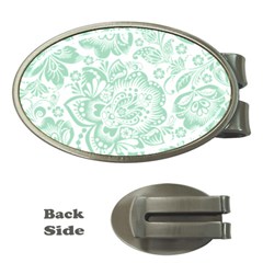 Mint Green And White Baroque Floral Pattern Money Clips (oval)  by Dushan