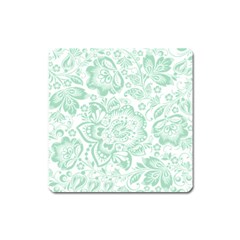 Mint Green And White Baroque Floral Pattern Square Magnet by Dushan