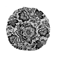 Black Floral Damasks Pattern Baroque Style Standard 15  Premium Flano Round Cushions by Dushan