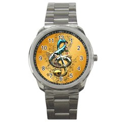 Music, Clef With Fairy And Floral Elements Sport Metal Watches by FantasyWorld7