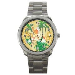 Funny Budgies With Palm And Flower Sport Metal Watches by FantasyWorld7
