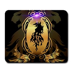 Lion Silhouette With Flame On Golden Shield Large Mousepads by FantasyWorld7