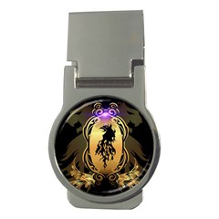 Lion Silhouette With Flame On Golden Shield Money Clips (round)  by FantasyWorld7