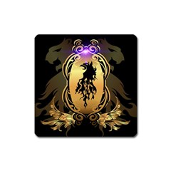 Lion Silhouette With Flame On Golden Shield Square Magnet by FantasyWorld7