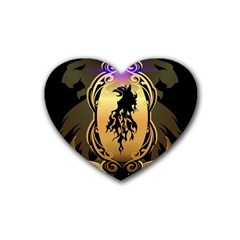 Lion Silhouette With Flame On Golden Shield Rubber Coaster (heart)  by FantasyWorld7