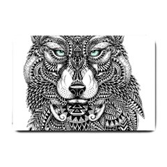 Intricate Elegant Wolf Head Illustration Small Doormat  by Dushan