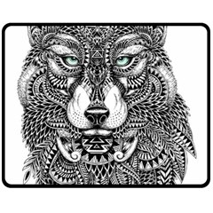 Intricate Elegant Wolf Head Illustration Double Sided Fleece Blanket (medium)  by Dushan