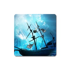 Underwater World With Shipwreck And Dolphin Square Magnet by FantasyWorld7