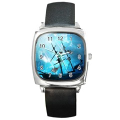 Underwater World With Shipwreck And Dolphin Square Metal Watches by FantasyWorld7