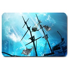 Underwater World With Shipwreck And Dolphin Large Doormat  by FantasyWorld7