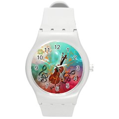 Violin With Violin Bow And Key Notes Round Plastic Sport Watch (M)