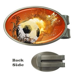 Soccer With Fire And Flame And Floral Elelements Money Clips (oval)  by FantasyWorld7