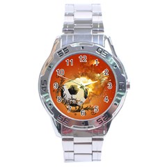 Soccer With Fire And Flame And Floral Elelements Stainless Steel Men s Watch