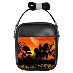 Beautiful Unicorn Silhouette In The Sunset Girls Sling Bags