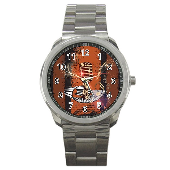 Microphone With Piano And Floral Elements Sport Metal Watches