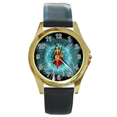 Beautiful Witch With Magical Background Round Gold Metal Watches by FantasyWorld7