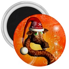 Funny Cute Christmas Giraffe With Christmas Hat 3  Magnets