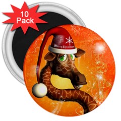 Funny Cute Christmas Giraffe With Christmas Hat 3  Magnets (10 pack) 