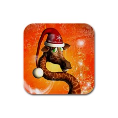 Funny Cute Christmas Giraffe With Christmas Hat Rubber Square Coaster (4 pack) 