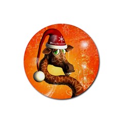 Funny Cute Christmas Giraffe With Christmas Hat Rubber Coaster (Round) 