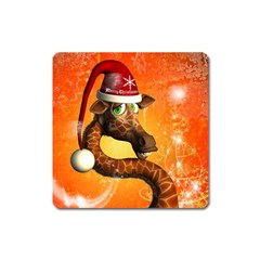 Funny Cute Christmas Giraffe With Christmas Hat Square Magnet