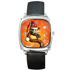 Funny Cute Christmas Giraffe With Christmas Hat Square Metal Watches