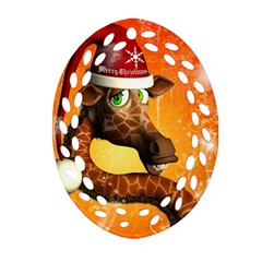 Funny Cute Christmas Giraffe With Christmas Hat Ornament (Oval Filigree) 