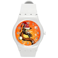 Funny Cute Christmas Giraffe With Christmas Hat Round Plastic Sport Watch (M)