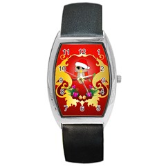 Funny, Cute Christmas Owl  With Christmas Hat Barrel Metal Watches by FantasyWorld7